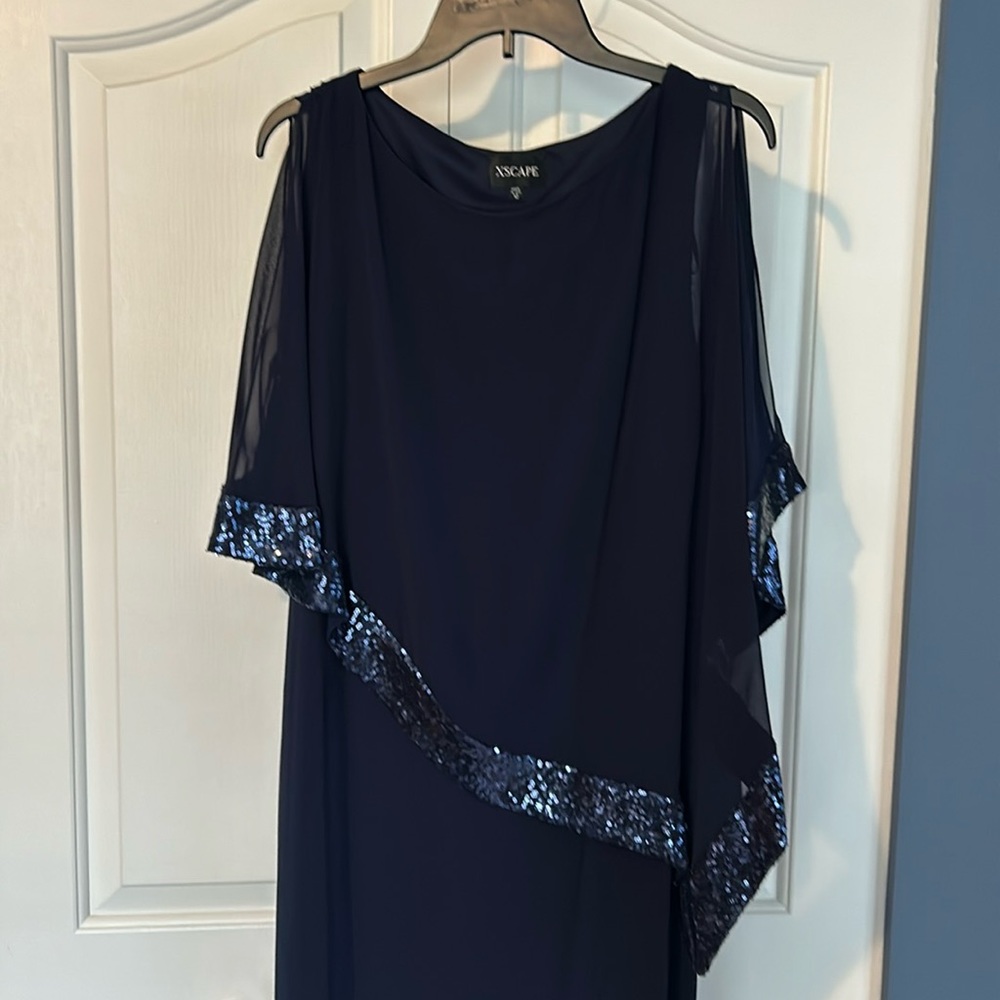 Xscape Navy Blue Asymmetrical Sequin Evening Dress